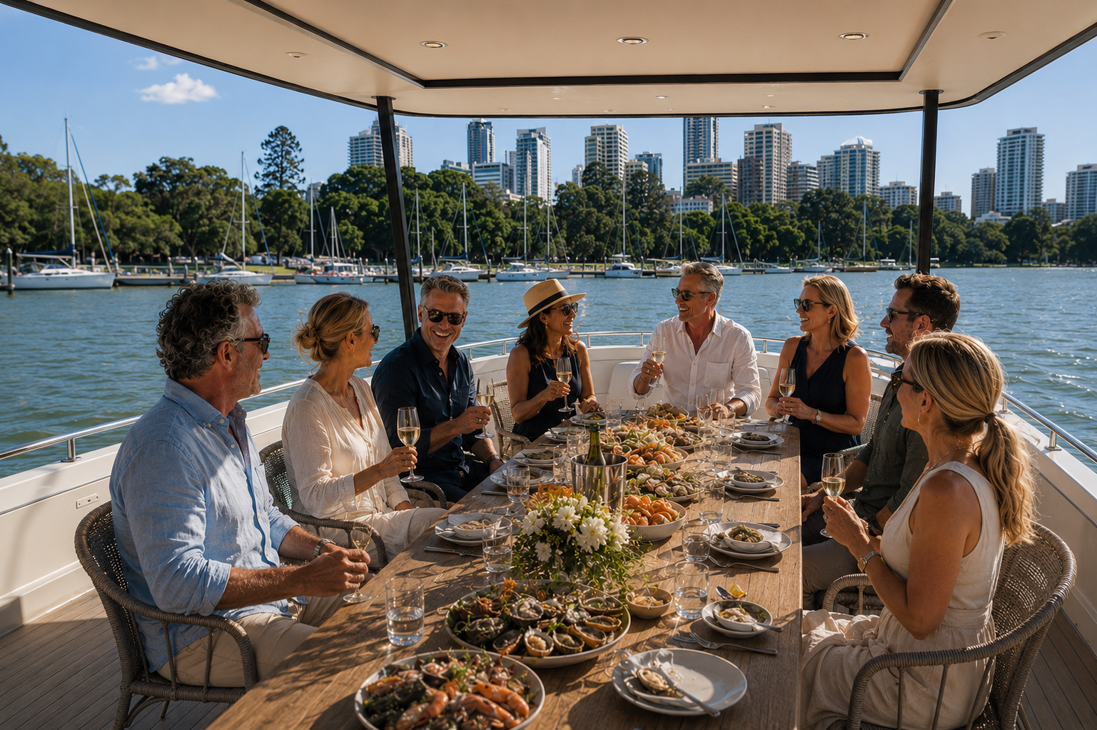Eight friends enjoying seafood and bubbles around a long table on a boat