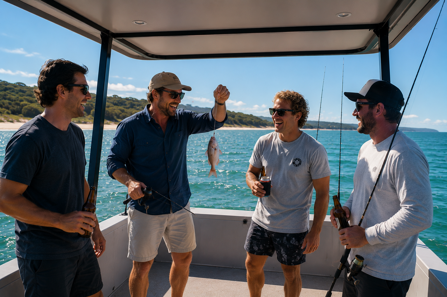 Four friends laughing while fishing from a boat