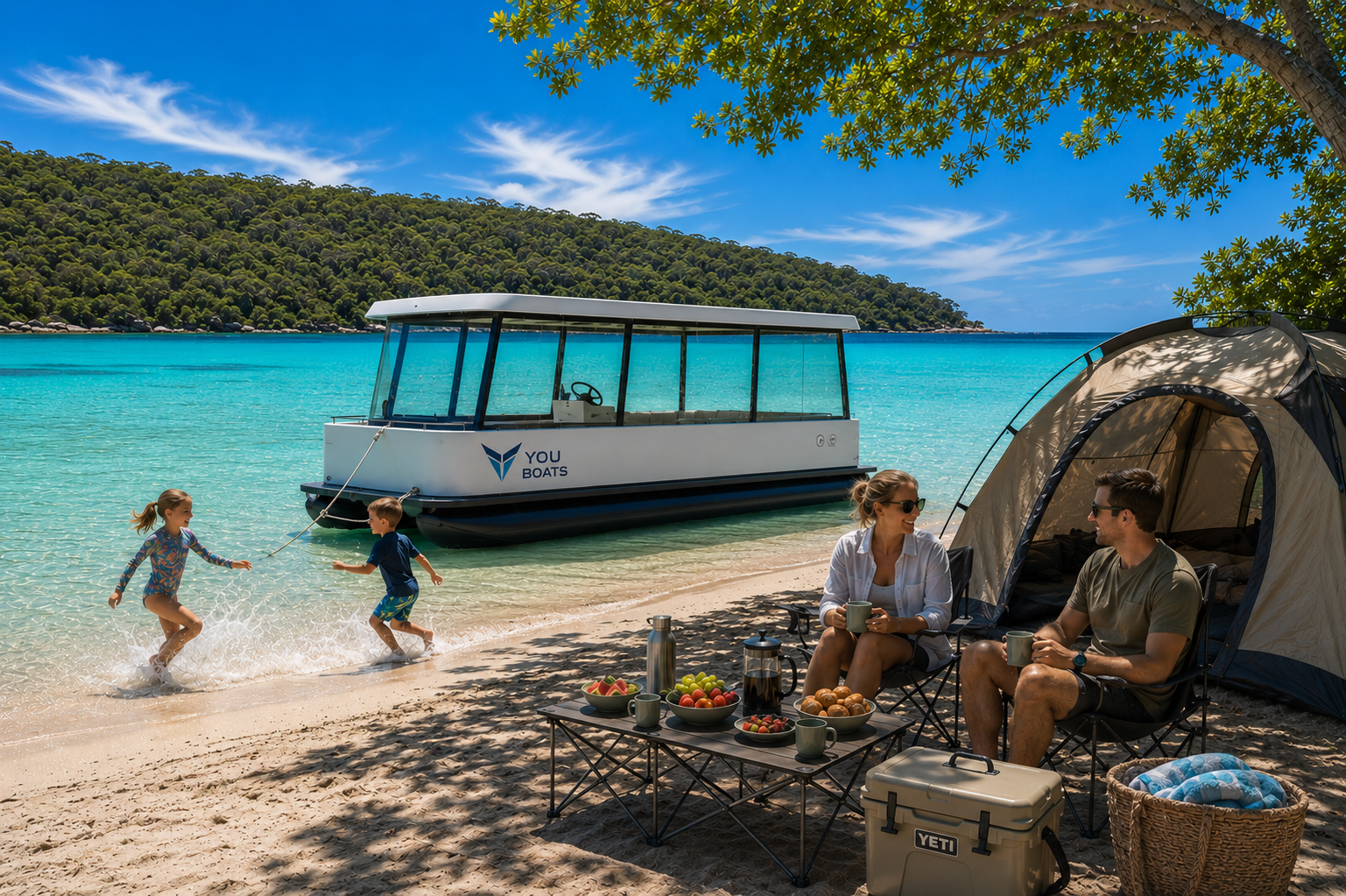 Family camping on a beach with a pontoon boat behind them